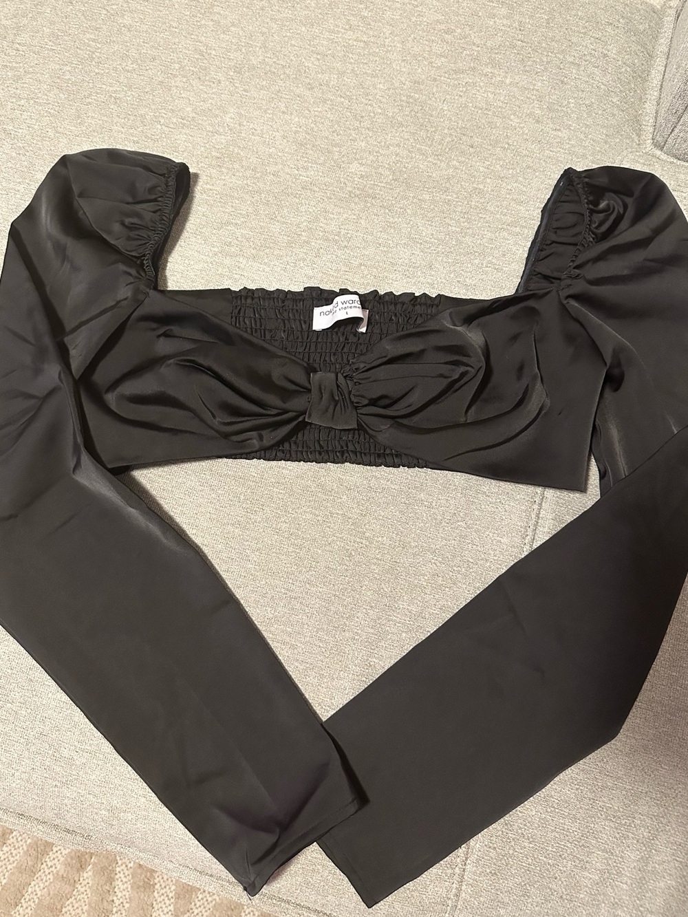 Naked Wardrobe Black Bow-Front Long Sleeve Crop Top